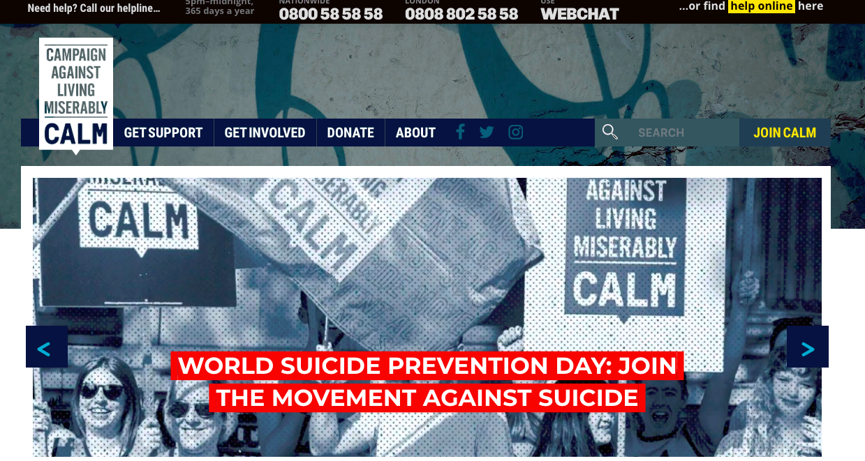Image from CALM website Test reads World suicide prevent day 2019 the movement against suicide