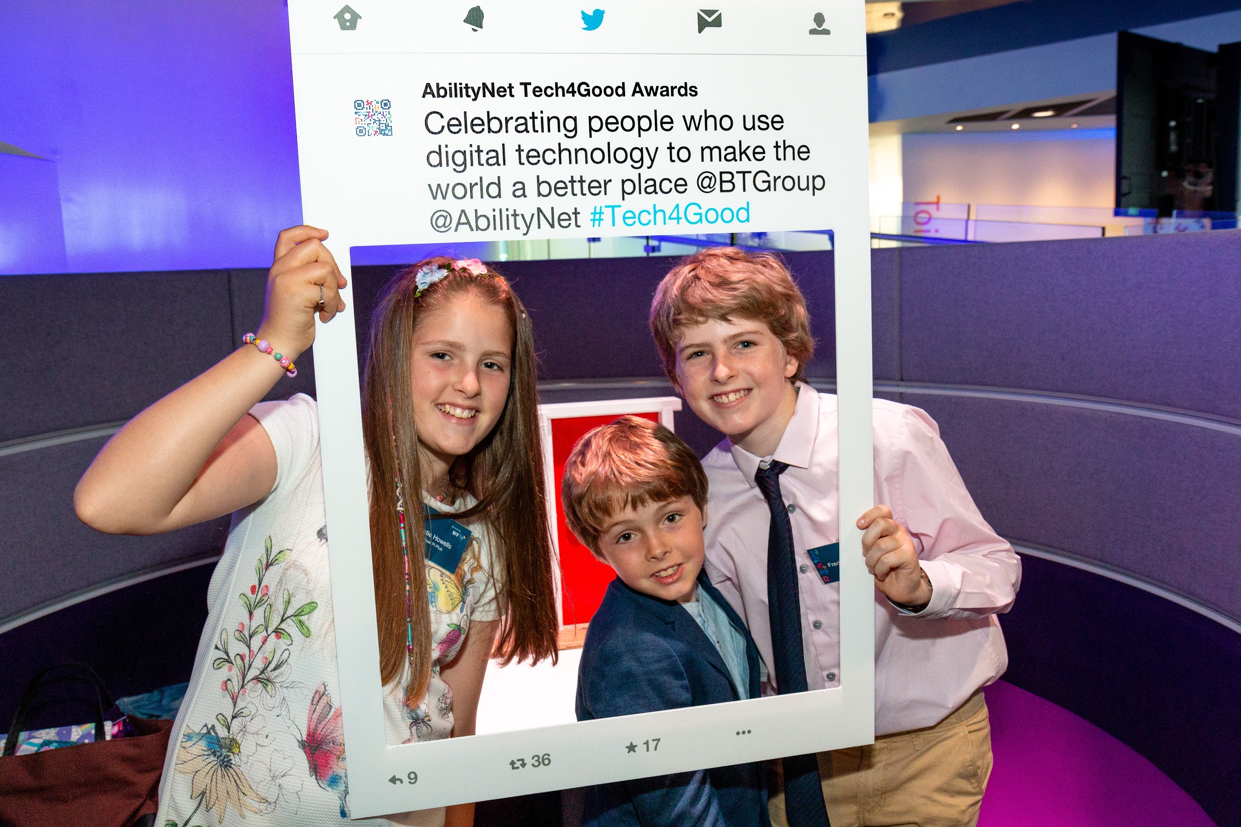 Freddie Howells and siblings wishing a 'selfie' frame at the Tech4Good Awards