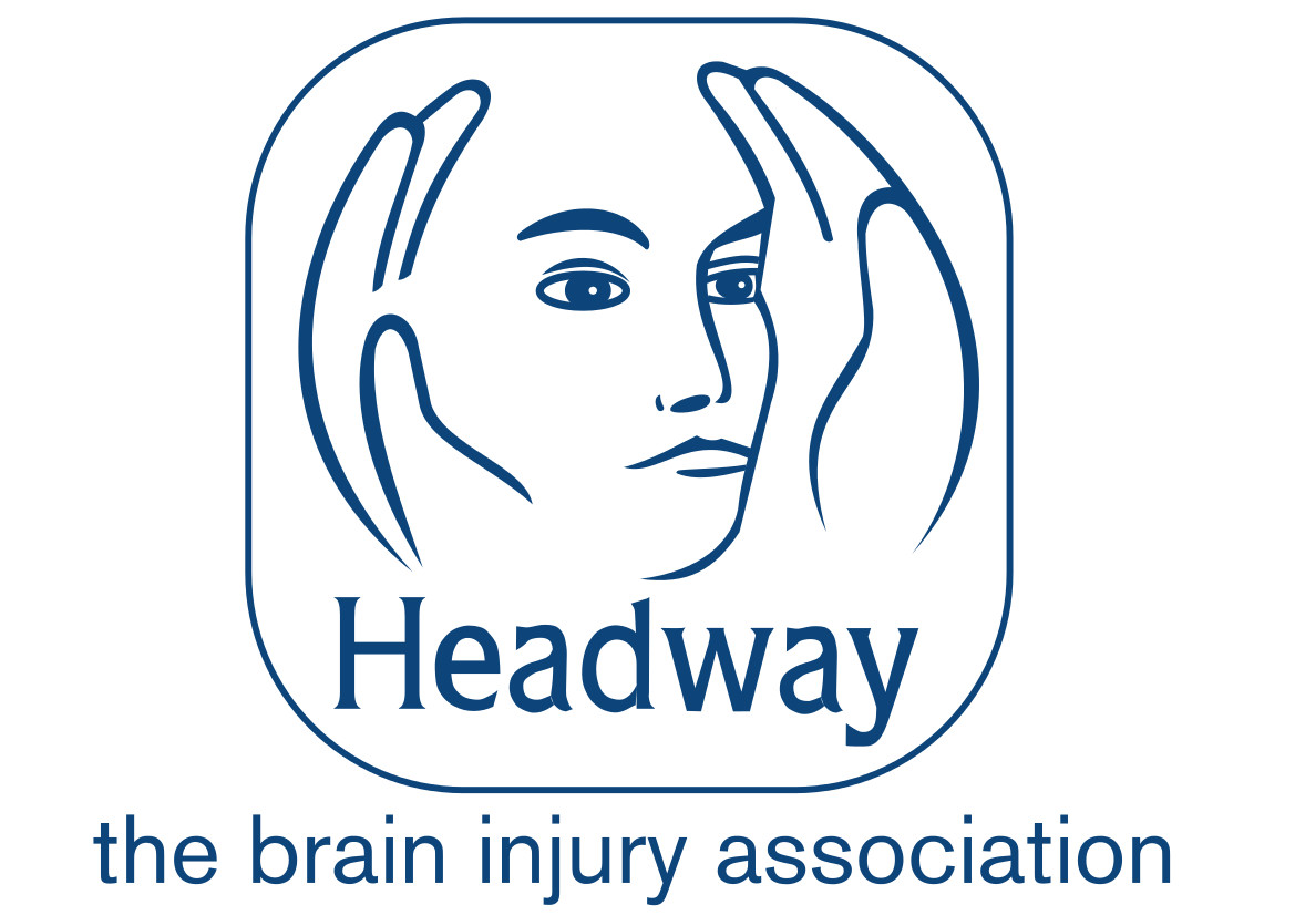 Graphic showing face with hands wrapped around the sides, text reads: Headway the brain injury association