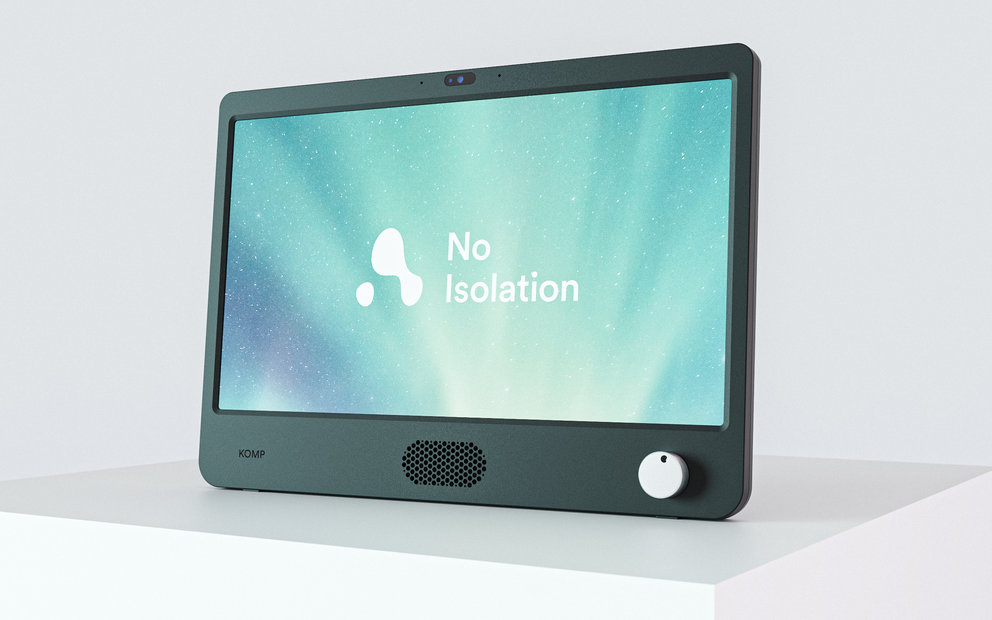 A picture of the KOMP device, the No Isolation logo is on the screen