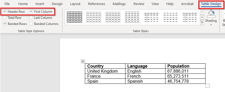 A simple table in Word with the Header Row and First Column indicated in the Table Design tab