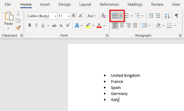 A bulleted list in Word, formatted using the unordered list style