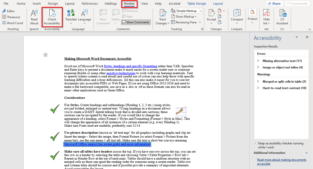 The accessibility checker in Word accessed from the Review tab, showing errors and warnings for a document