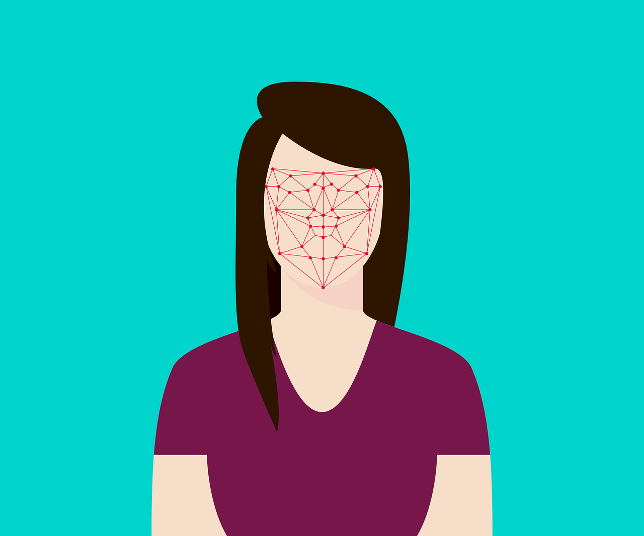 Illustration of a woman's face with a matrix mapping key points on her face for facial recognition