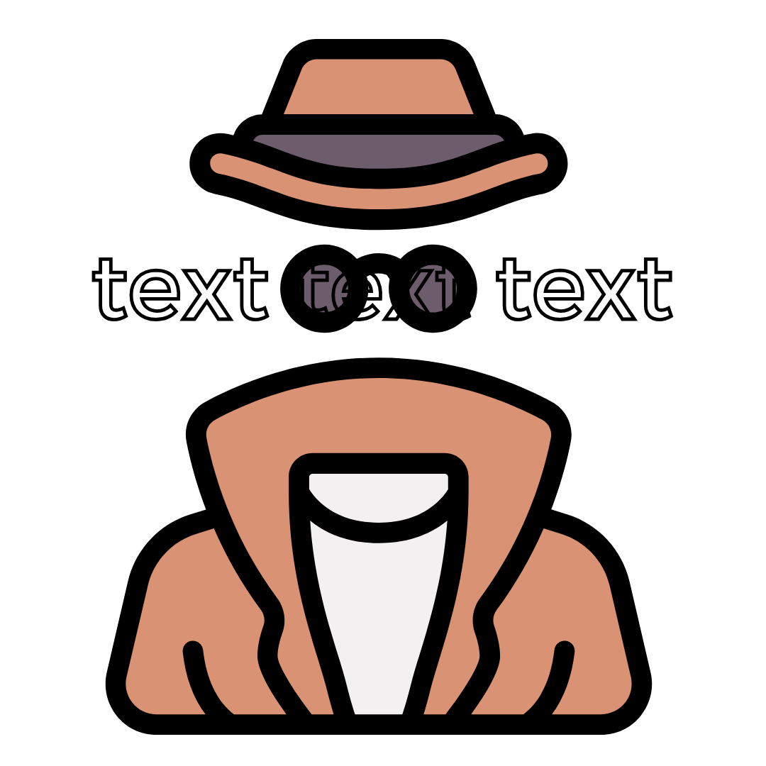 Graphic of an invisible figure represented as 'text text text' with a hat, sunglasses and coat 