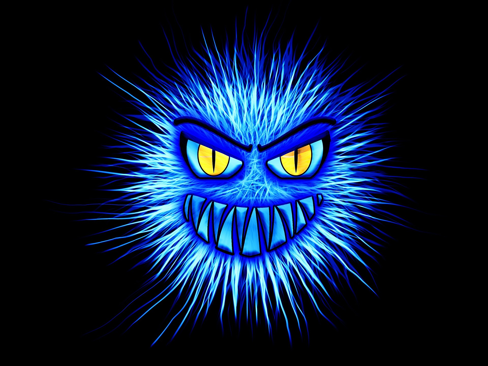 Caricature of a computer virus. It is blue and spiky and has yellow eyes with a grimace