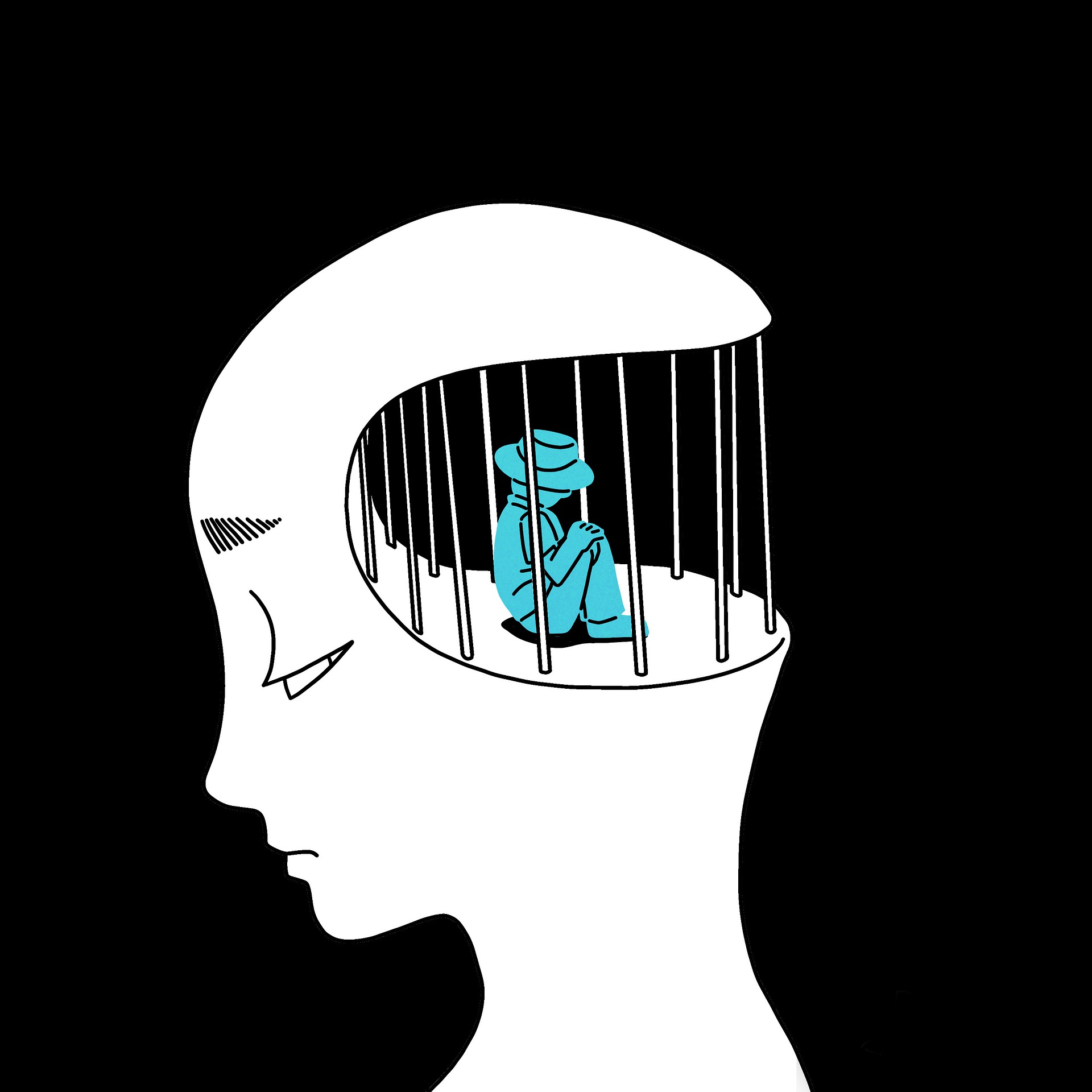 Illustrative style: shows a brain with someone inside it but behind a cage.