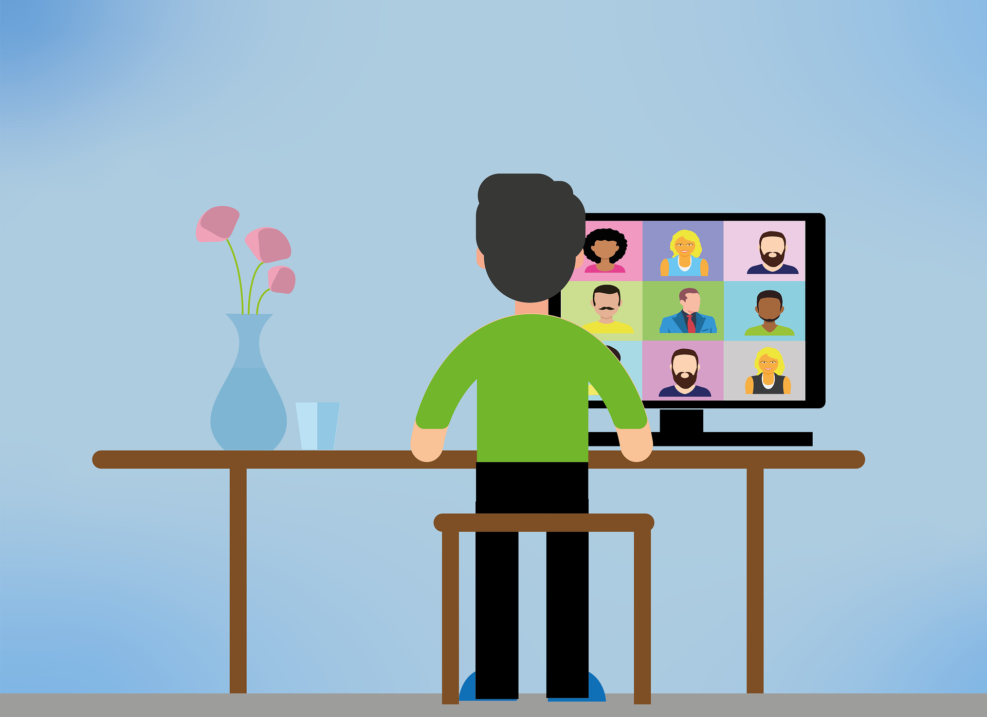 Illustration shows a man standing at a desk there is a video conference represented on his screen