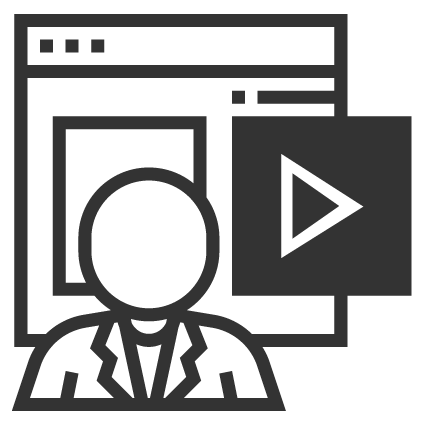 Graphic of a person in front of a webpage browser and play button icon