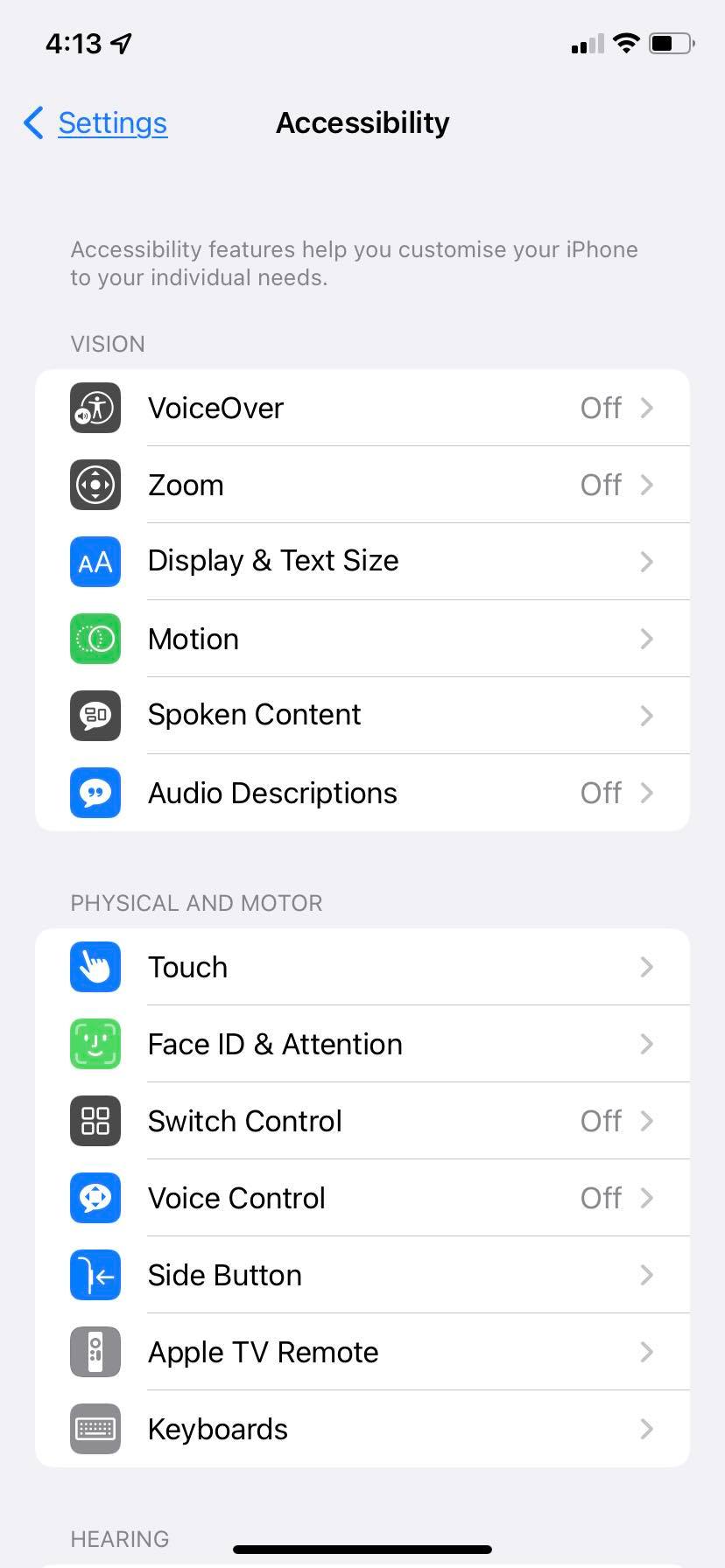 Screenshot of Apple Accessibility setting 