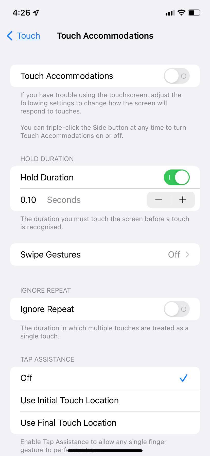Screenshot of Touch Accommodations menu settings showing hold duration options
