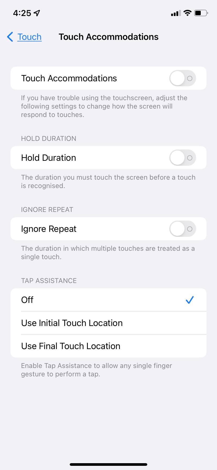 Screenshot of Apple Accessibility Touch Accommodations menu options