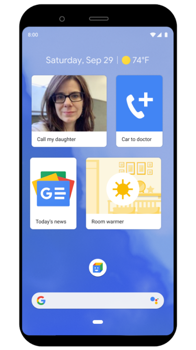 A smartphone screen showing 4 simple action blocks with corresponding pictures including the face of a person and the action 'call my daughter'