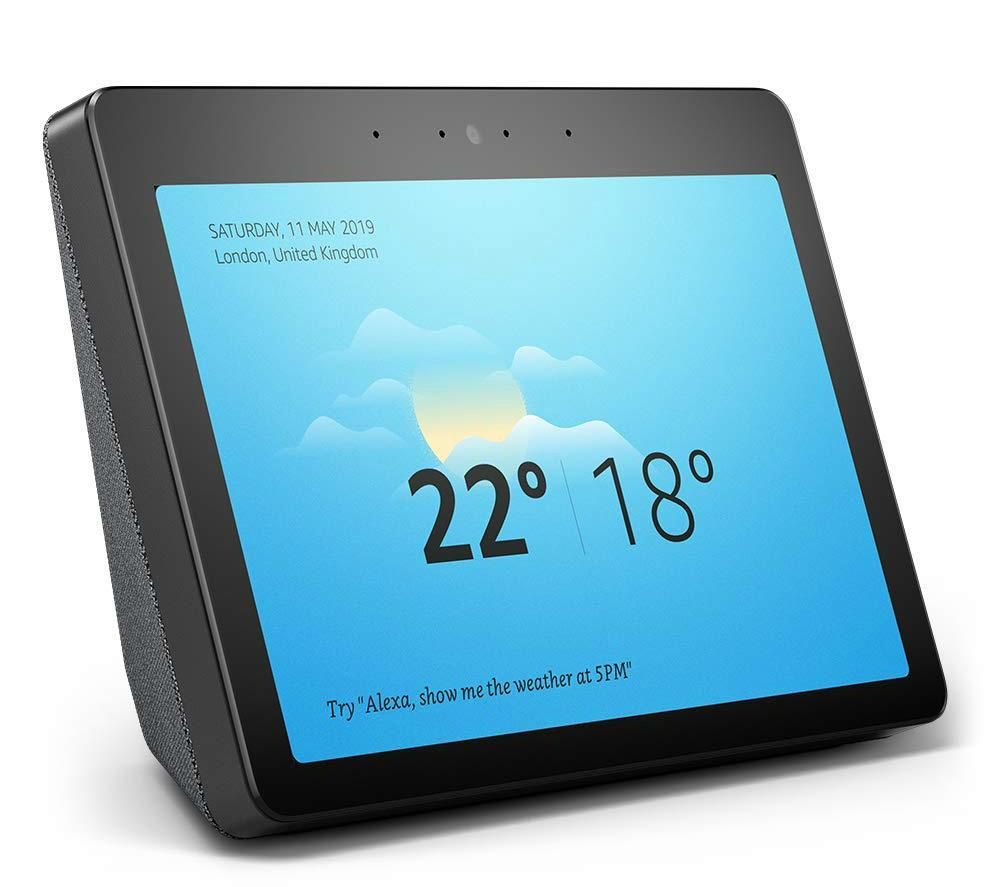 Colour photo of the Echo Show screen showing the weather temperature