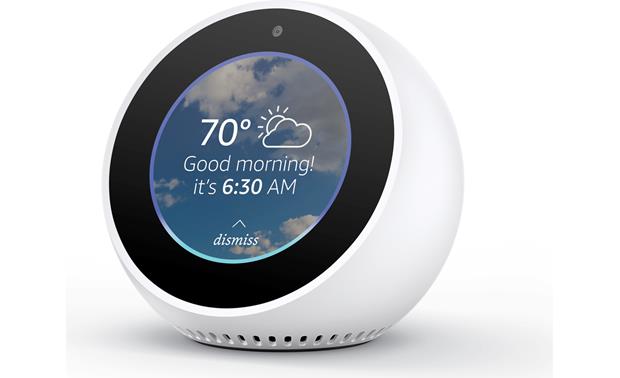 Photo of the Echo Spot with Good morning its 6.30am message on the screen, current temperature and weather forecast