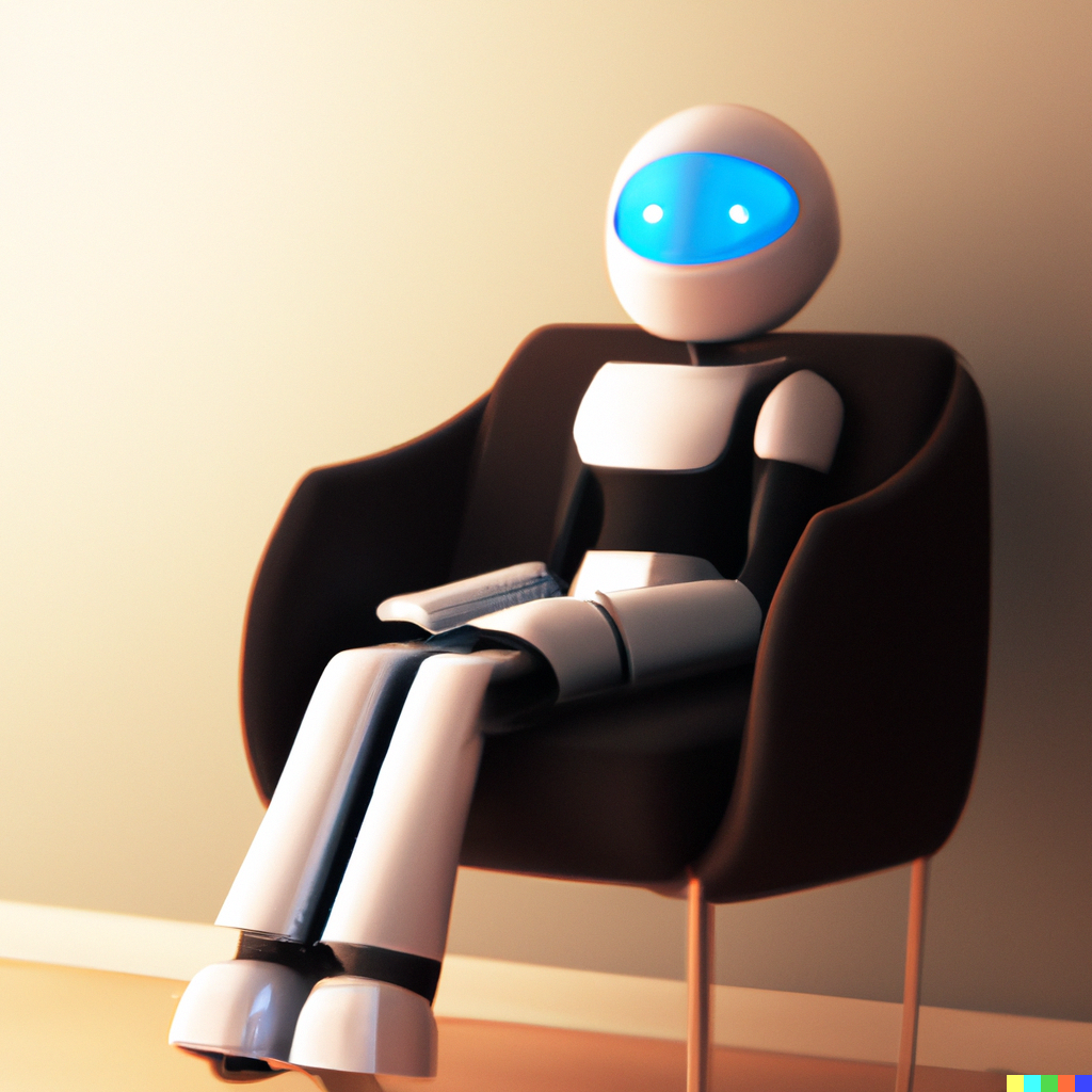 An anxious-looking robot sitting in a chair