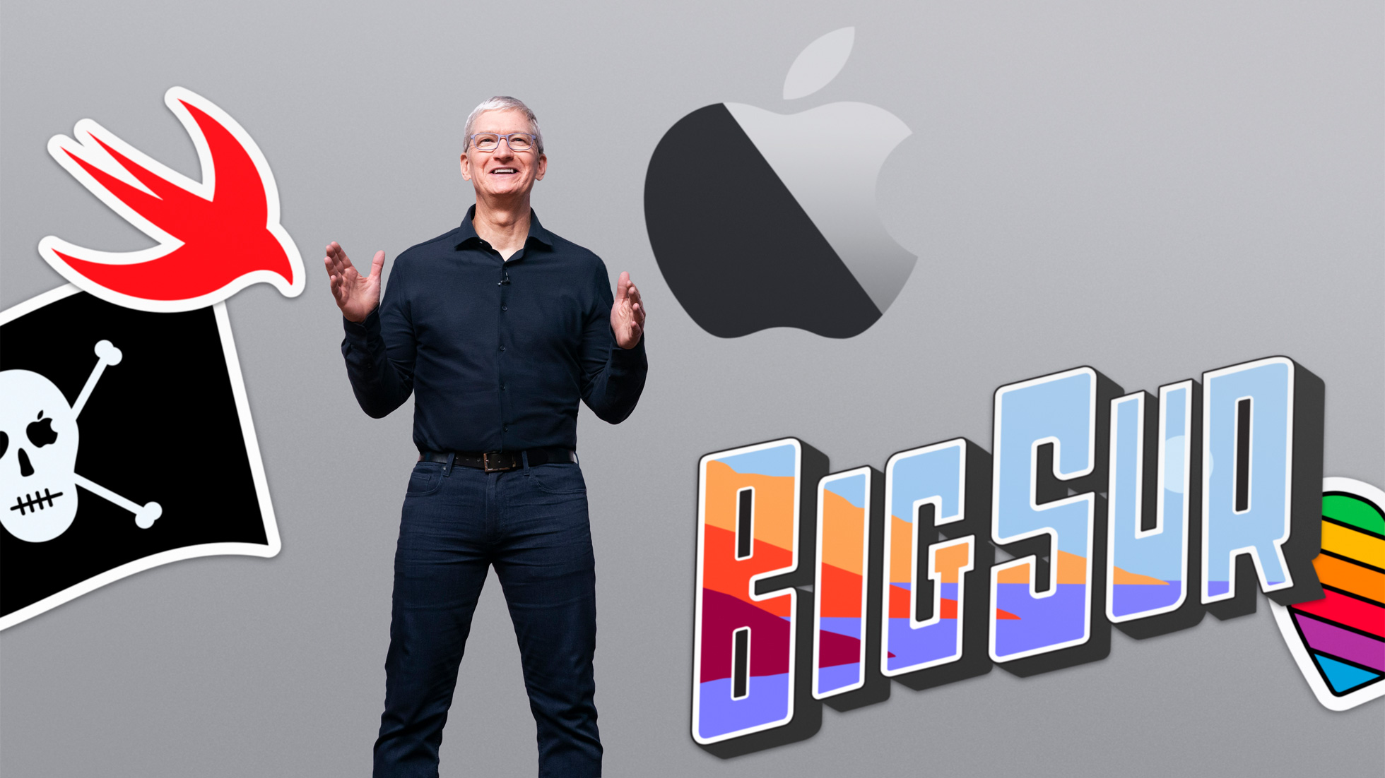 A picture of Apple CEO Tim Cook - behind him are a set of logos from Apple