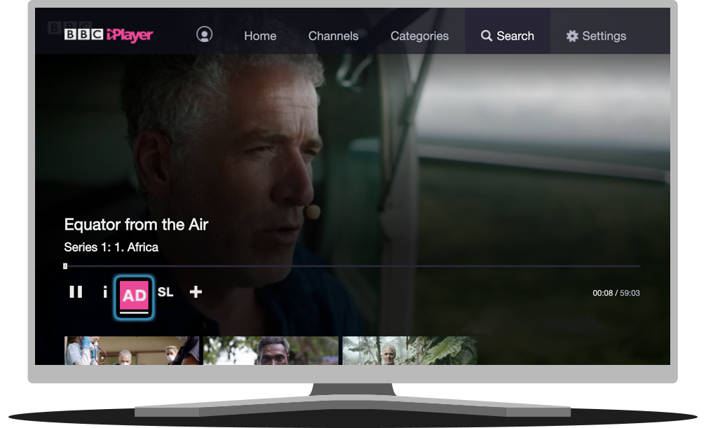 Colour photo of BBC iplayer screen highlighting the AD button