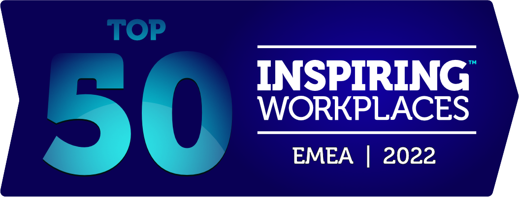 Blue winners badge with text Top 50 Inspiring Workplaces 2022