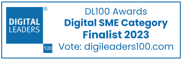 Digital Leaders logo. Text: DL100 Awards. Digital SME Category Finalist 2023. Vote: digileaders100.com