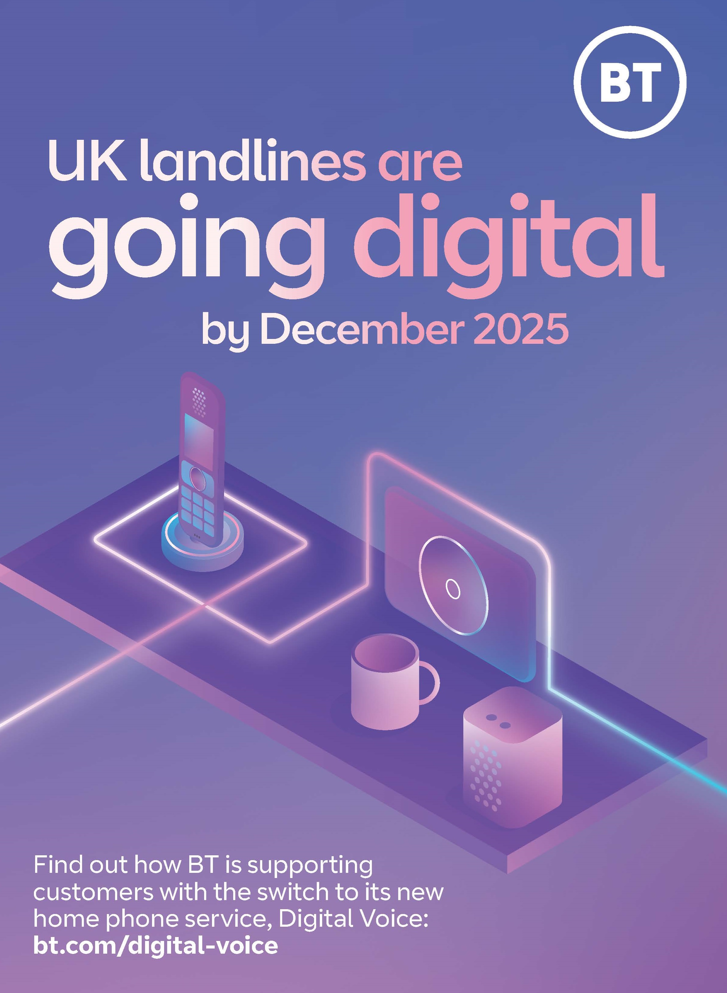 Poster showing digital items on a table alongside a cup of coffee. With text sharing: UK landlines are going digital by December 2025. Find out how BT is supporting customers with the switch to its new home phone service, Digital Voice: bt.com/digital-voice