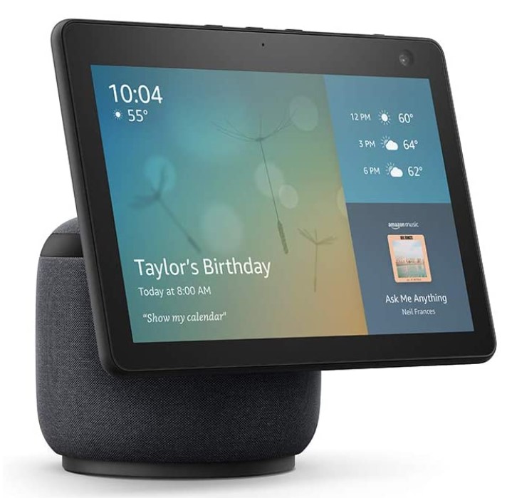New Amazon Echo 10 with screen showing Taylor's birthday notification along with the weather forecast