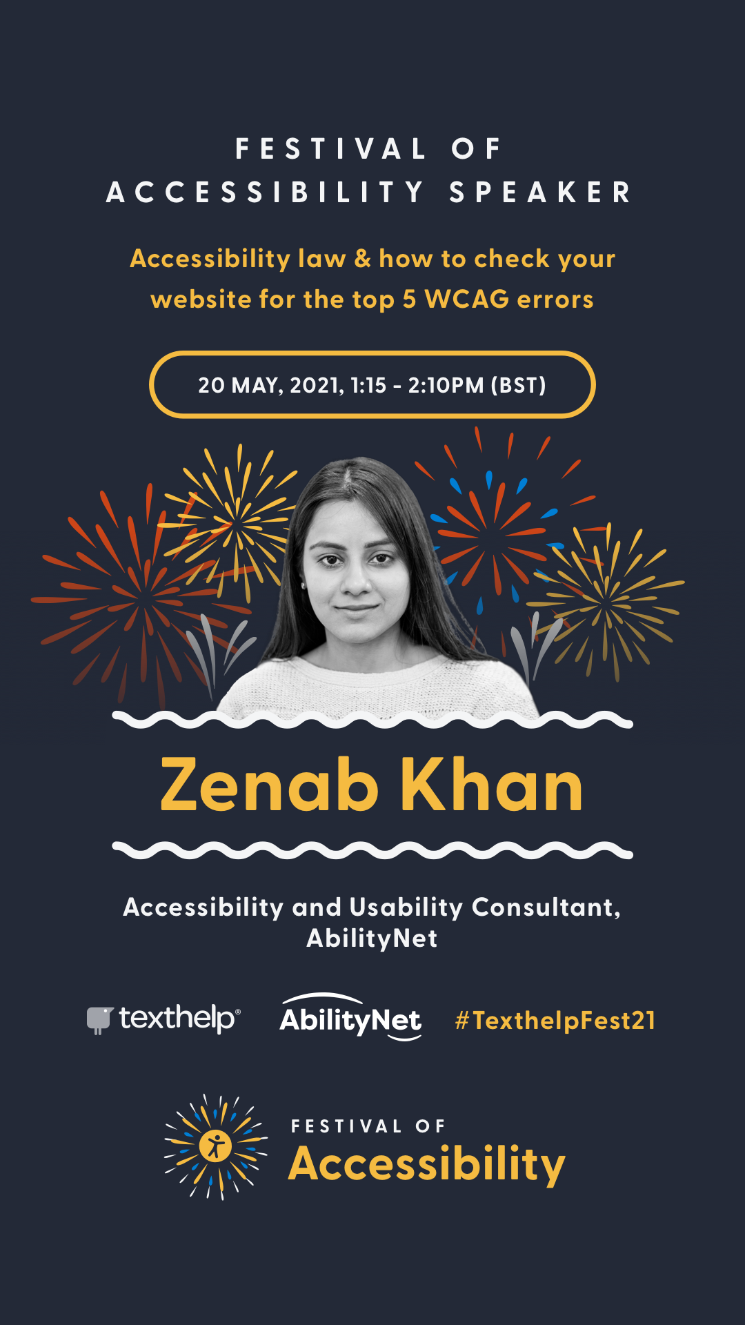 Accessibility law and how to check your website for the top 5 WCAG errors, 1.15 to 2.10pm includes image of Zenab Khan