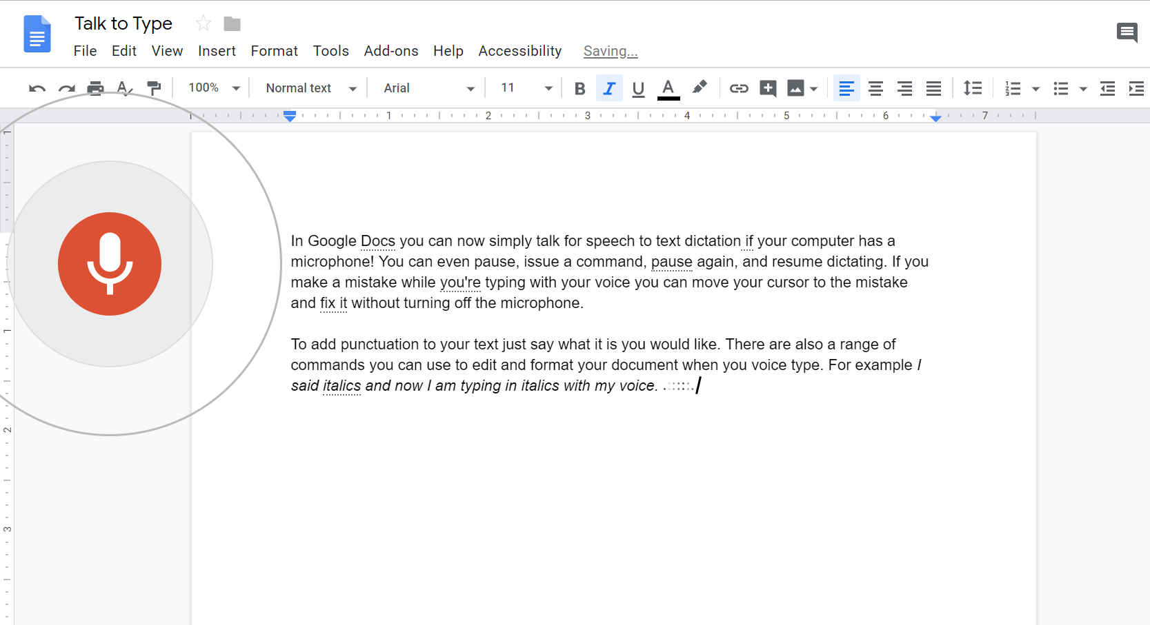 Screen capture of Google Docs Talk to Type in use