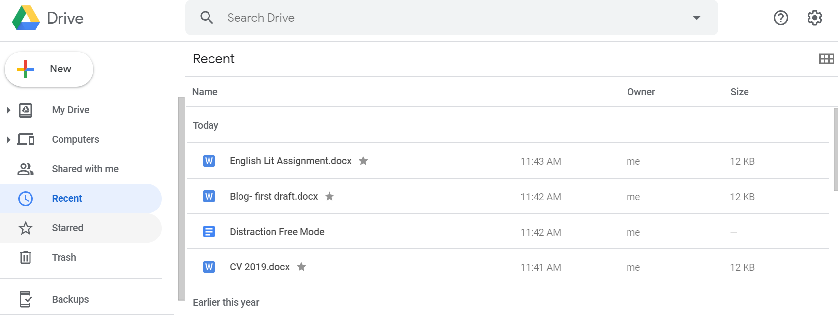 Screen grab showing Google Drive starred files