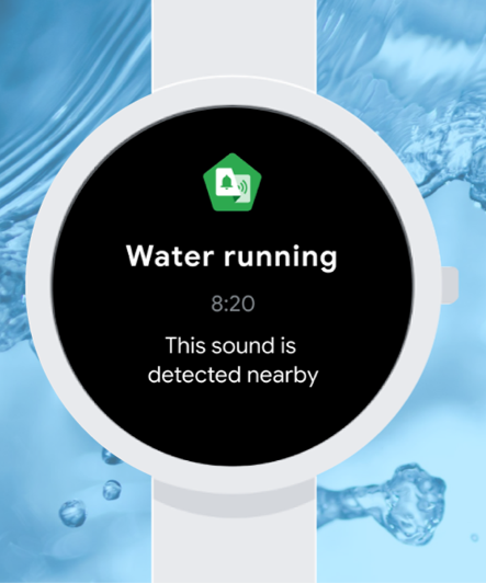 Graphic with 'water running' notification saying 'this sound is detected nearby'