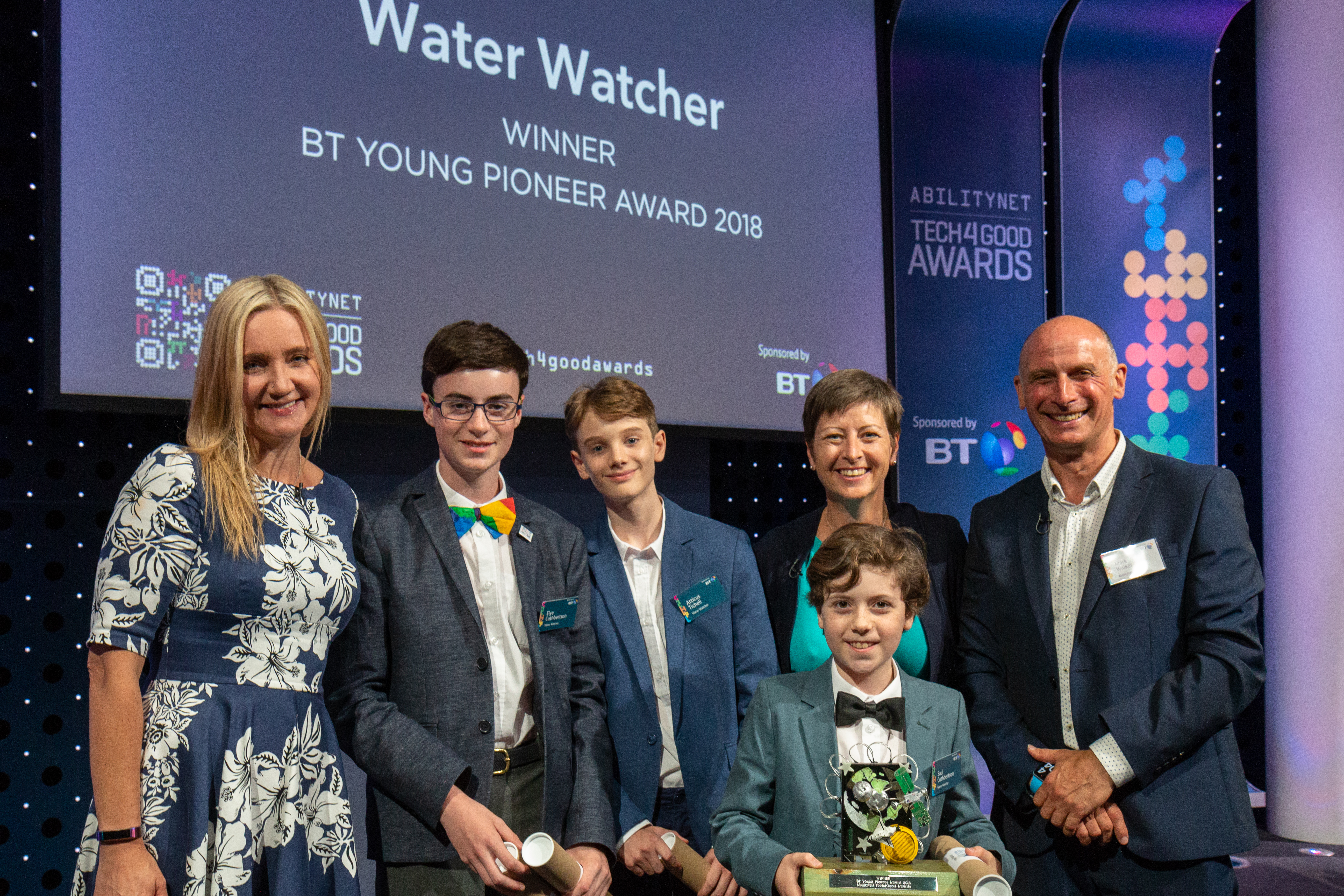 Kate Russell, Mark Walker and the 2018 BT Young Pioneer Award winners - Water Watcher