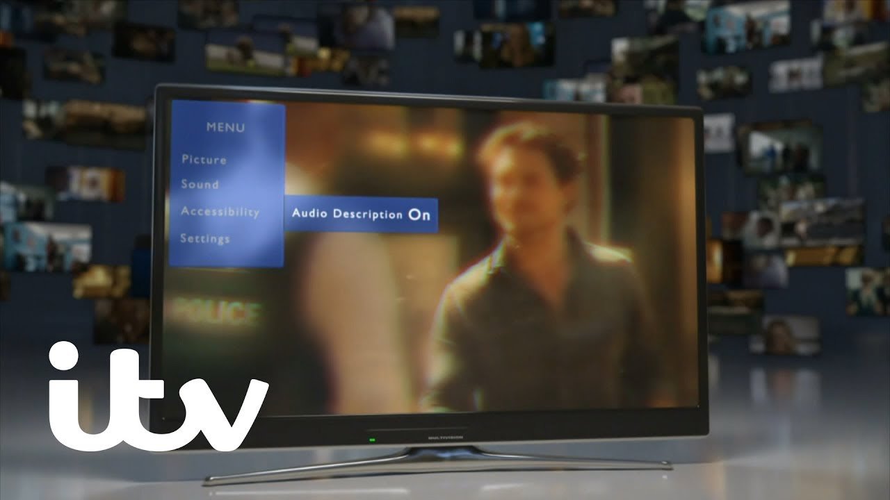 Colour photo of screen showing ITV audio description turned on