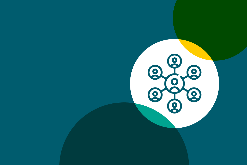 Graphic depicting a person in the centre of a circle of other people branching off
