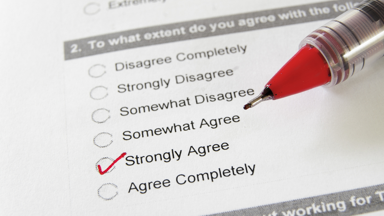 a questionnaire with several options from disagree to agree and a check box to indicate agreement with the question