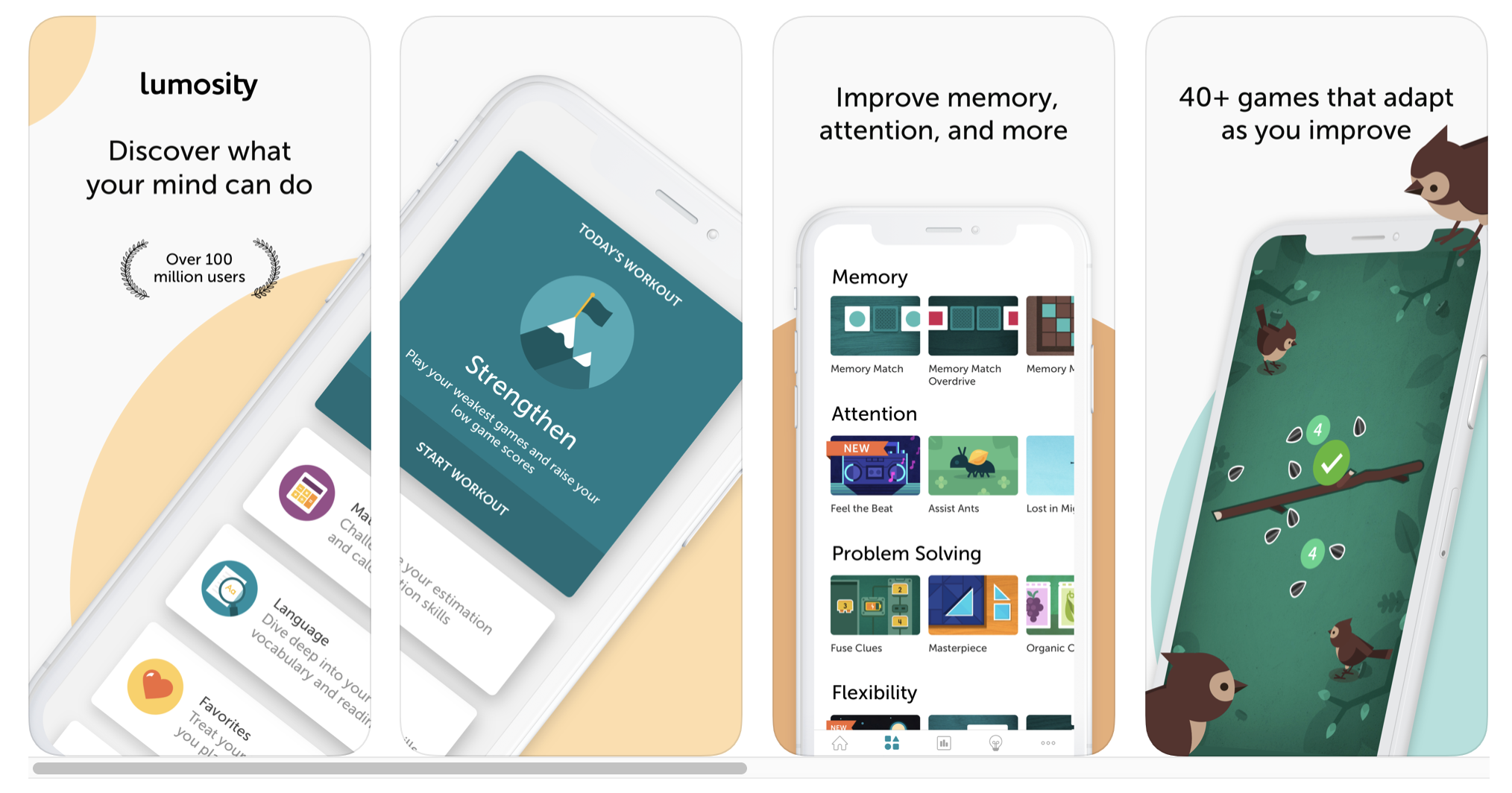 Four screen shots from the Lumosity app