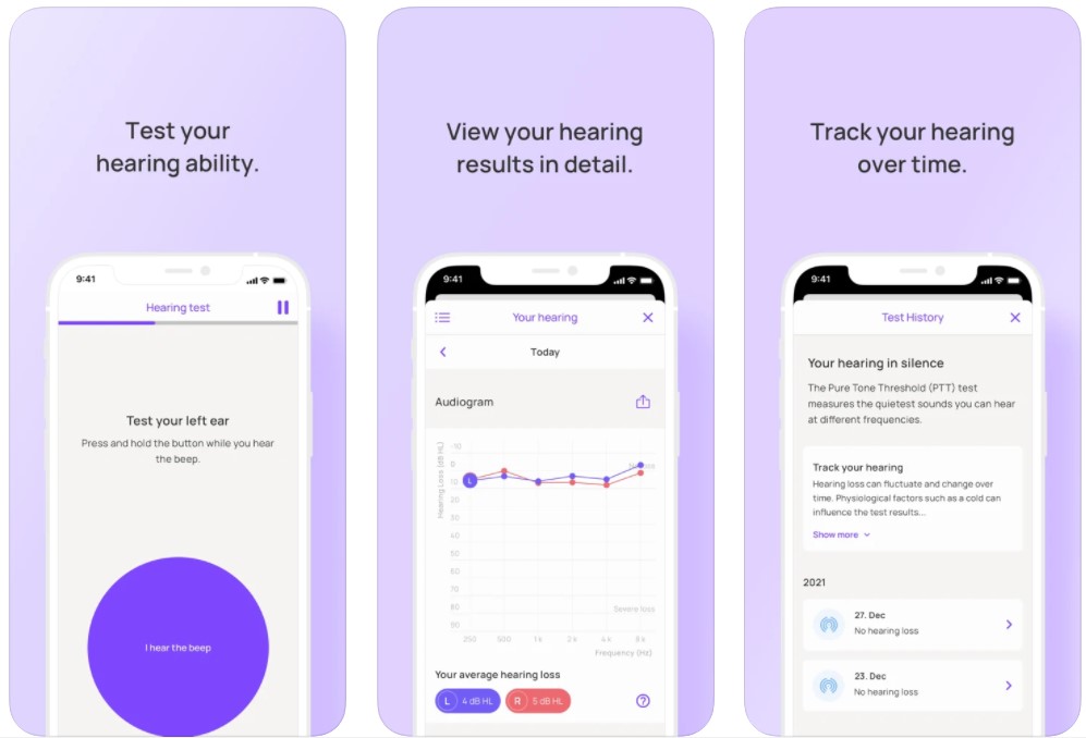 Screenshots of Mimi Hearing Test app showing test results