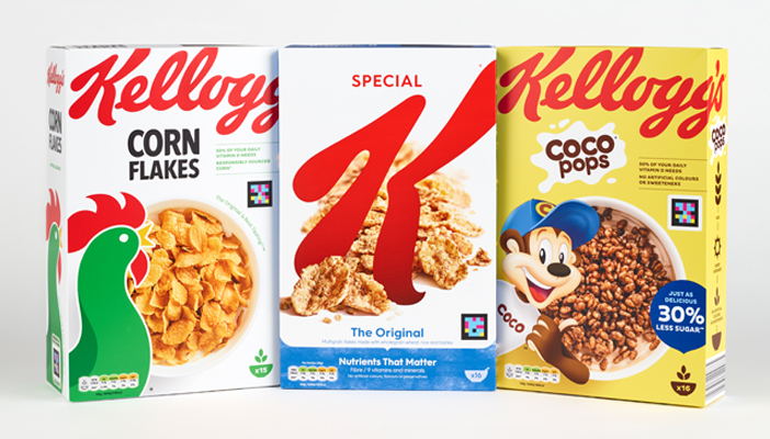 Set of three Kellogg's cereal packaging featuring the NaviLens technology