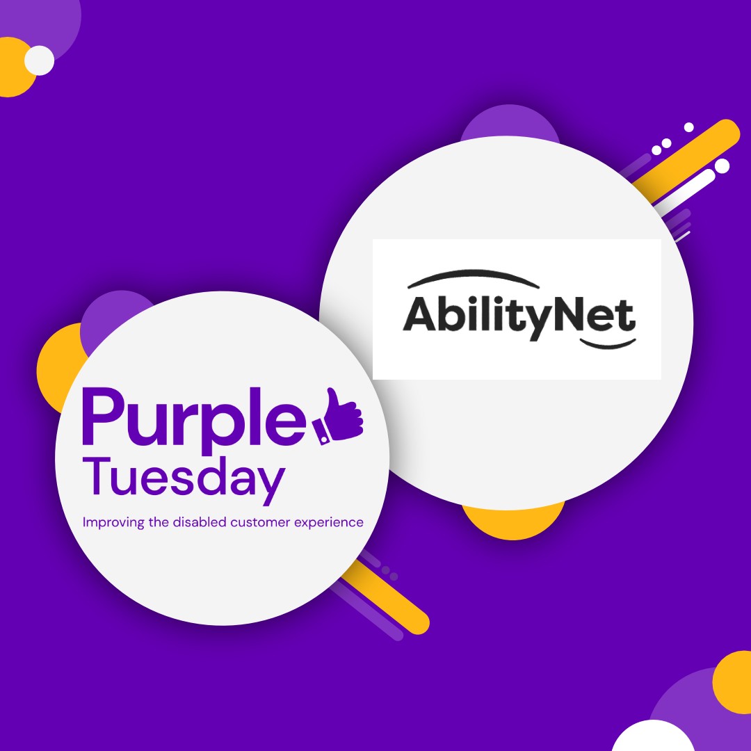 Purple Tuesday and AbilityNet logos in purple yellow and white bubbles