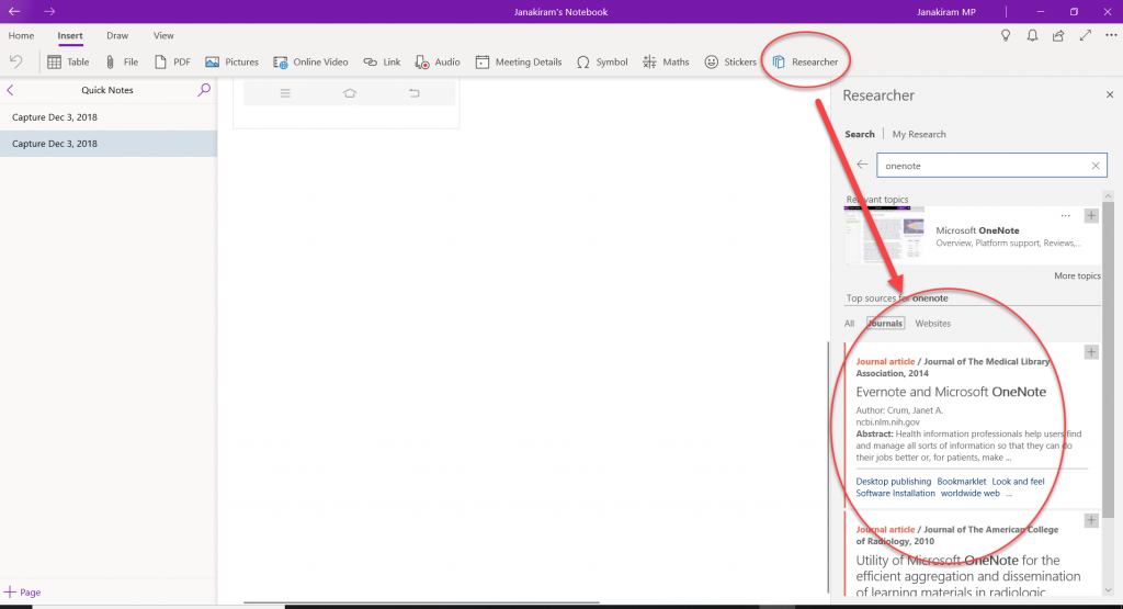 Screen grab example of OneNote Researcher in use