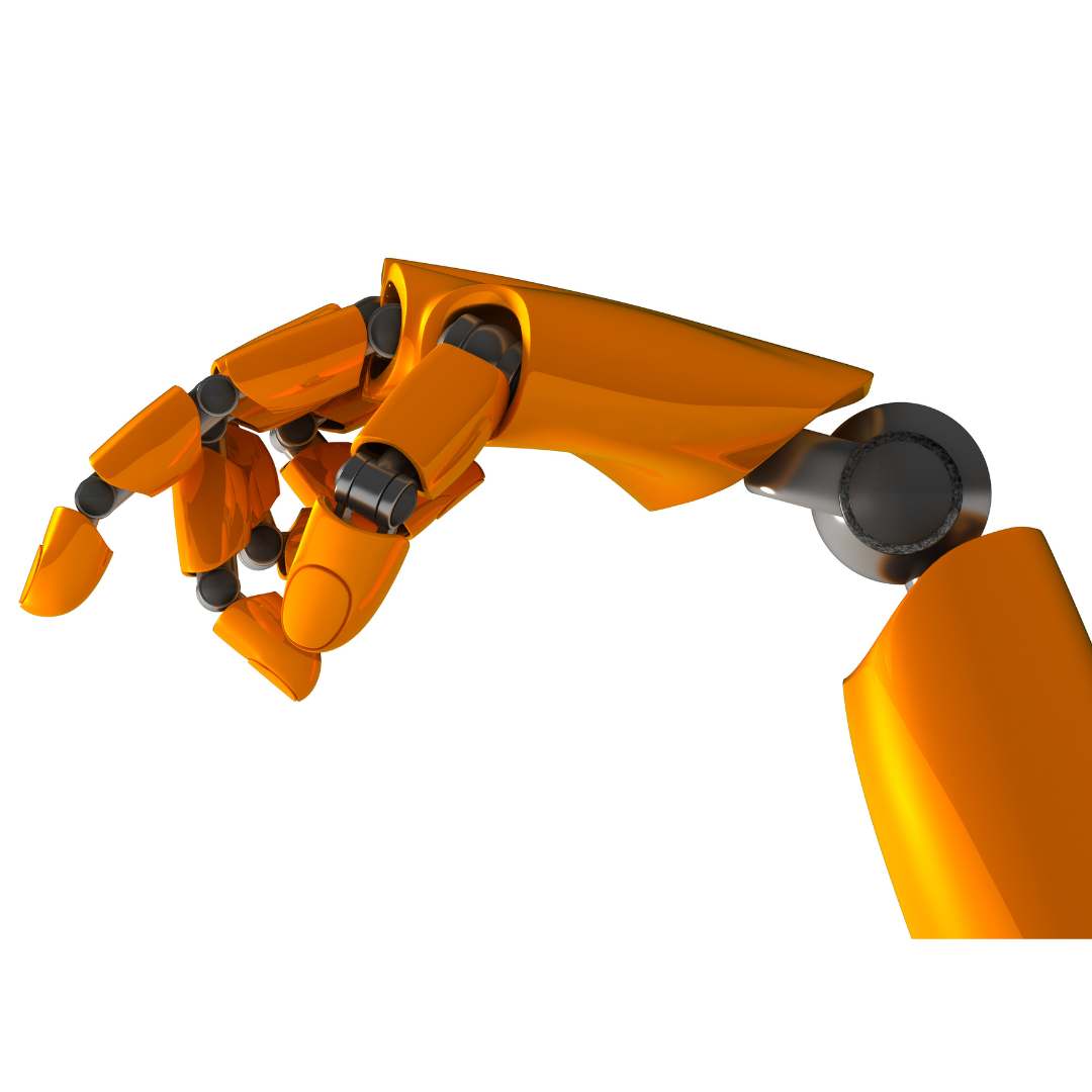 An orange robot arm. 