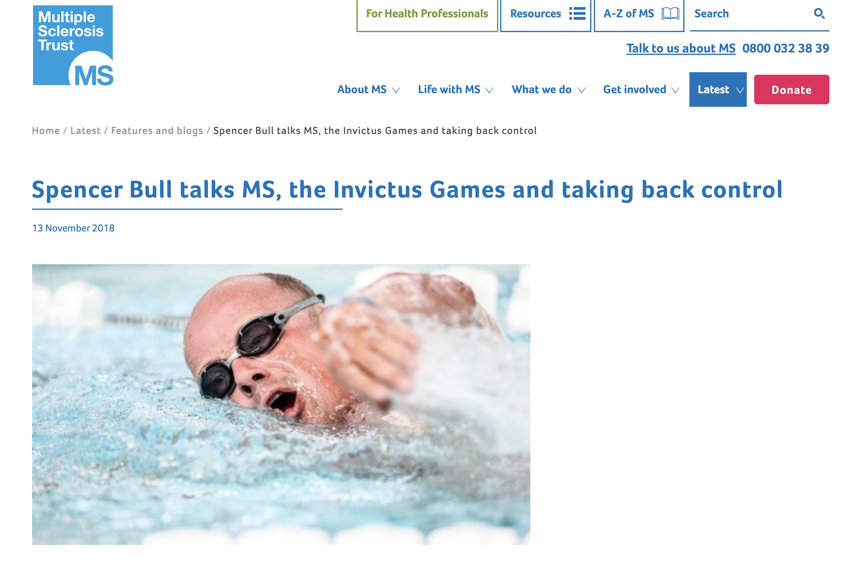 Shows screen shot of news story about Spencer from MS trust website; Spencer is swimming