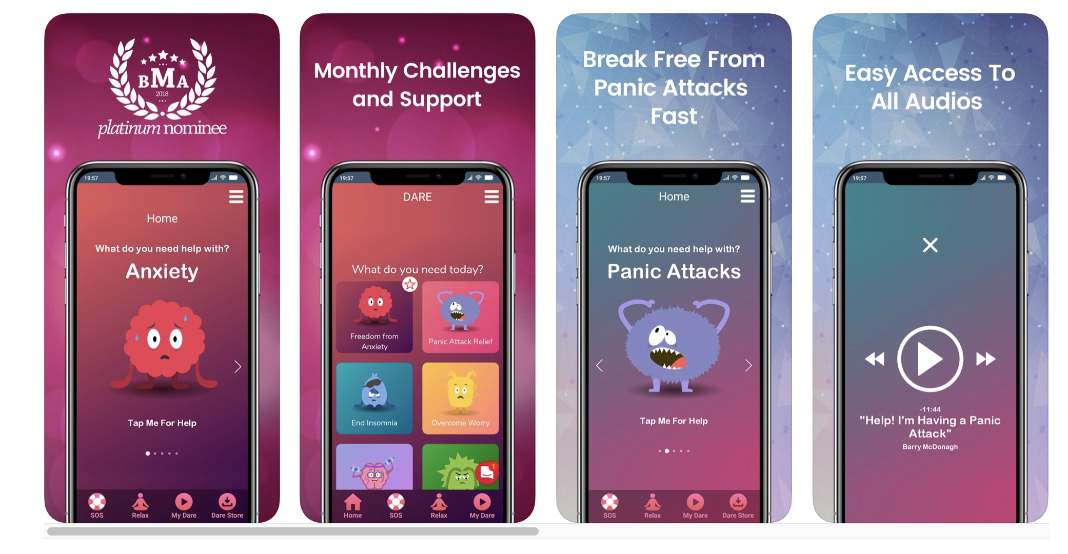 Four screens from the DARE app