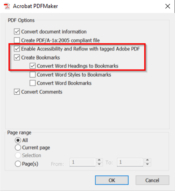 PDF conversion settings showing selected options for enabling tagged PDF and creation of bookmarks via Word headings 