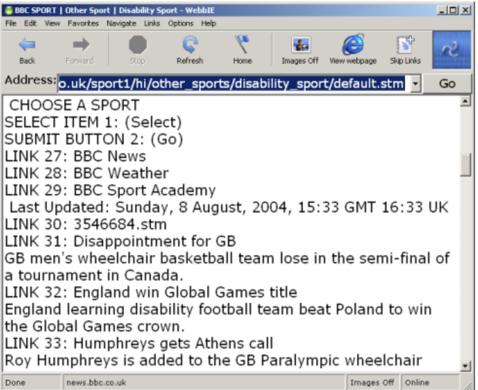 A picture of the WebbIE browser. It is largely text-based. There are menu options to refresh and have images turned off.