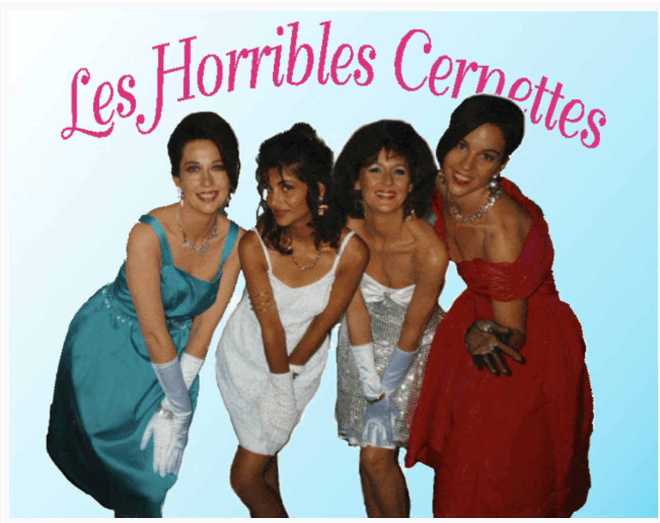 Image shows the four members of pop parody Les Horribles Cernettes. The image was the first posted on the worldwide web. The four women wear dresses and pose for the camera.