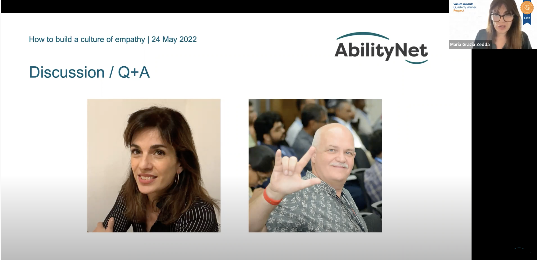 Screenshot from our building a culture of empathy webinar. Maria talking over a PowerPoint slide titled 'Discussion / Q+A' with profile images of Maria and Ted.
