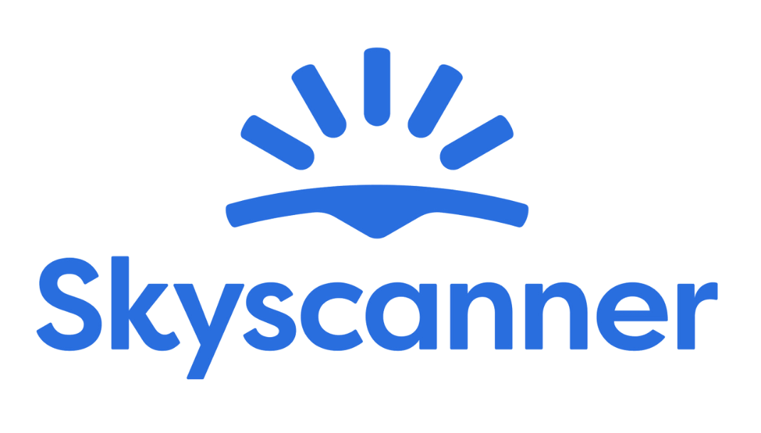 Skyscanner logo, blue text on a white background