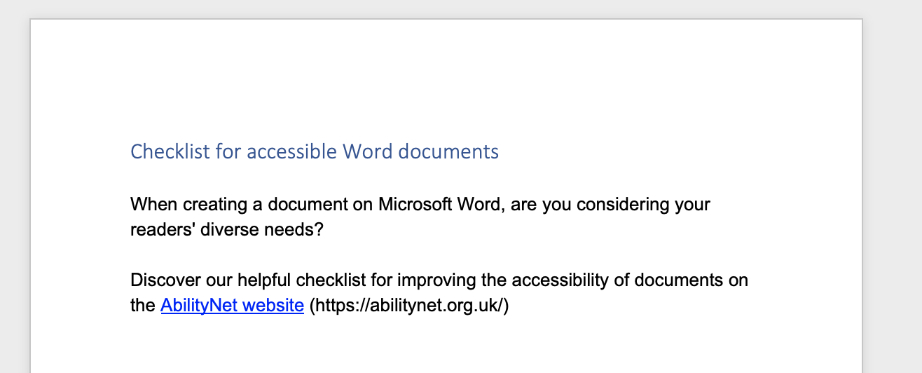 Screenshot of a Microsoft Word document with the heading "Checklist for accessible Word documents".
