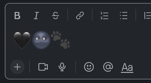 Black heart, new moon with face and paw prints emoji against dark mode chat box