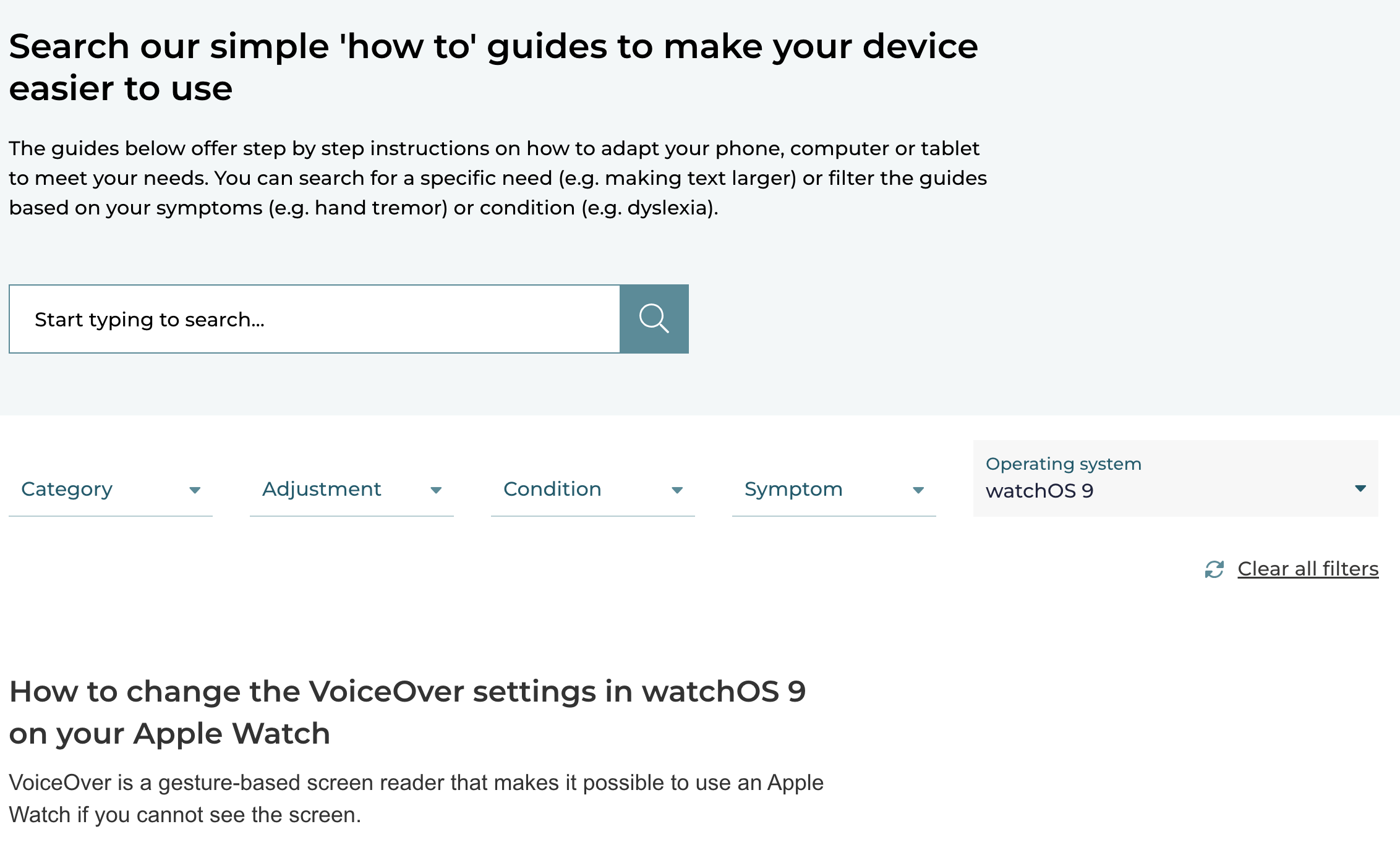 Screenshot of the My Computer My Way homepage with 'watchOS 9' showing in 'Operating system' field, alongside other categories: Symptom, Condition, Adjustment'.